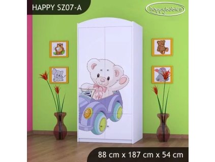 Skříň Happy SZ07 - medvídek v autě (Barva bílá, Vnitřek skříně šatní tyč)