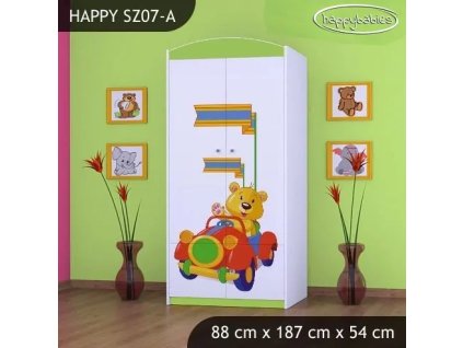 Skříň Happy SZ07 - medvídek v červeném autě (Barva bílá, Vnitřek skříně šatní tyč)