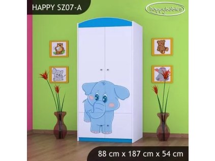 Skříň Happy SZ07 - modrý slon (Barva bílá, Vnitřek skříně šatní tyč)