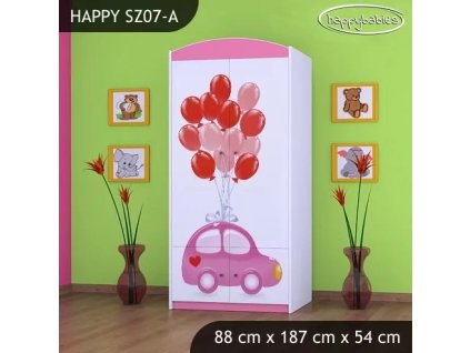 Skříň Happy SZ07 - růžové auto s balonky (Barva bílá, Vnitřek skříně šatní tyč)