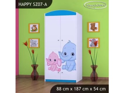 Skříň Happy SZ07 - růžový a modrý slon (Barva bílá, Vnitřek skříně šatní tyč)