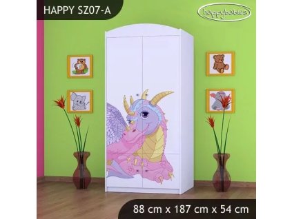 Skříň Happy SZ07 - růžový dráček (Barva bílá, Vnitřek skříně šatní tyč)