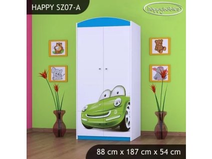 Skříň Happy SZ07 - zelené auto (Barva bílá, Vnitřek skříně šatní tyč)
