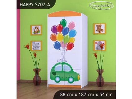 Skříň Happy SZ07 - zelené auto s balónky (Barva bílá, Vnitřek skříně šatní tyč)