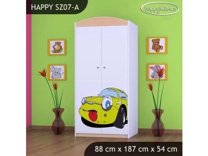 Skříň Happy SZ07 - žluté auto (Barva bílá, Vnitřek skříně šatní tyč)
