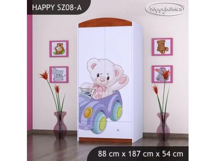 Skříň Happy SZ08 - medvídek v autě (Barva bílá, Vnitřek skříně šatní tyč)