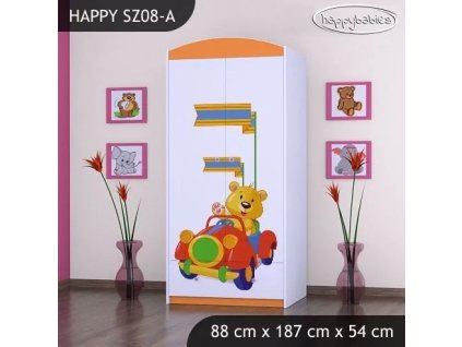 Skříň Happy SZ08 - medvídek v červeném autě (Barva bílá, Vnitřek skříně šatní tyč)