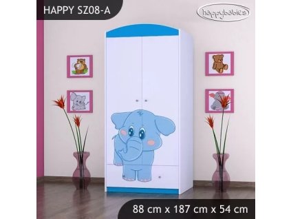 Skříň Happy SZ08 - modrý slon (Barva bílá, Vnitřek skříně šatní tyč)