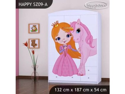 Skříň Happy SZ09 - princezna a jednorožec (Barva bílá)