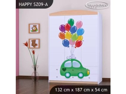 Skříň Happy SZ09 - zelené auto s balónky (Barva bílá)