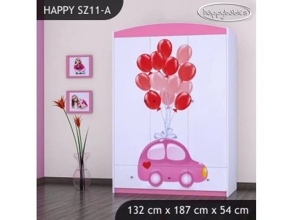 Skříň Happy SZ11 - růžové auto s balónky (Barva bílá)