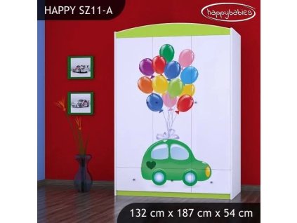 Skříň Happy SZ11 - zelené auto s balónky (Barva bílá)