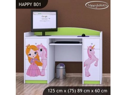Psací stůl Happy B01  - princezna a jednorožec (Barva bílá)