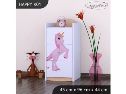 Komoda Happy K01 - princezna a jednorožec (Barva bílá)