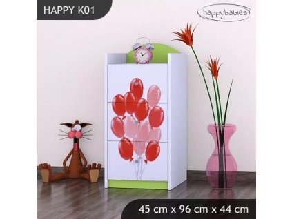 Komoda Happy K01 -  růžové auto s balónky (Barva bílá)