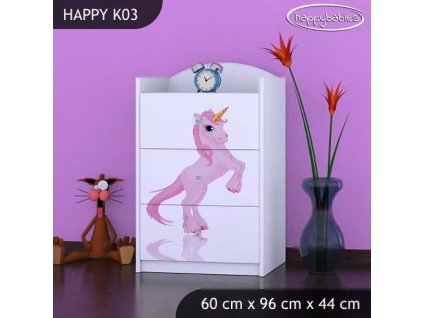 Komoda Happy K03 - princezna a jednorožec (Barva bílá)