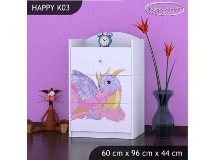 Komoda Happy K03 - růžový dráček (Barva bílá)