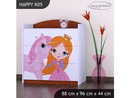 Komoda Happy K05 - princezna a jednorožec (Barva bílá)