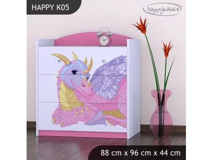 Komoda Happy K05 - růžový dráček (Barva bílá)