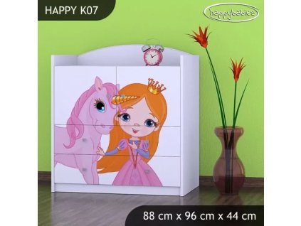 Komoda Happy K07 - princezna a jednorožec (Barva bílá)