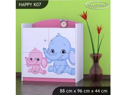 Komoda Happy K07 - růžový a modrý slon (Barva bílá)