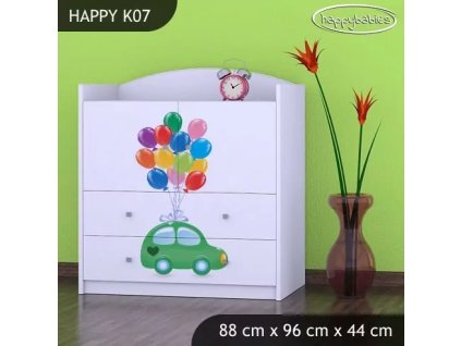Komoda Happy K07 -  zelené auto s balónky (Barva bílá)