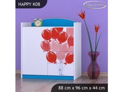 Komoda Happy K08 -  růžové auto s balónky (Barva bílá)