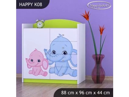Komoda Happy K08 -  růžový a modrý slon (Barva bílá)