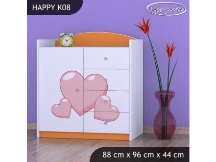 Komoda Happy K08 -  růžový slon se srdcem (Barva bílá)