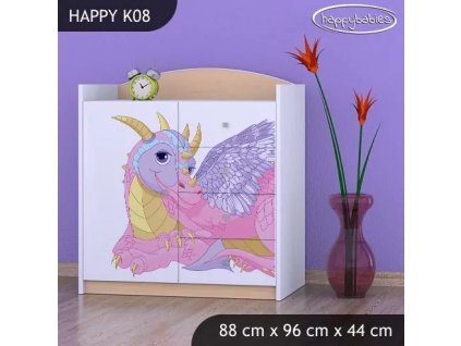 Komoda Happy K08 -  růžový dráček (Barva bílá)