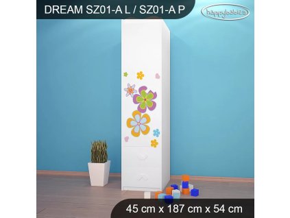 Skříň Dream SZ01 - květiny (Barva bílá, Otevírání dvířek pravé, Vnitřek skříně šatní tyč)
