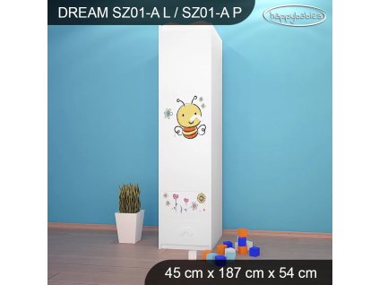 Skříň Dream SZ01 - včelka (Barva bílá, Otevírání dvířek pravé, Vnitřek skříně šatní tyč)