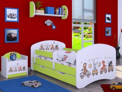 Dětská postel Happy Babies - zvířátka v autíčkách (Barva bílá, Velikost spací plochy 140x70, Šuplík NE)