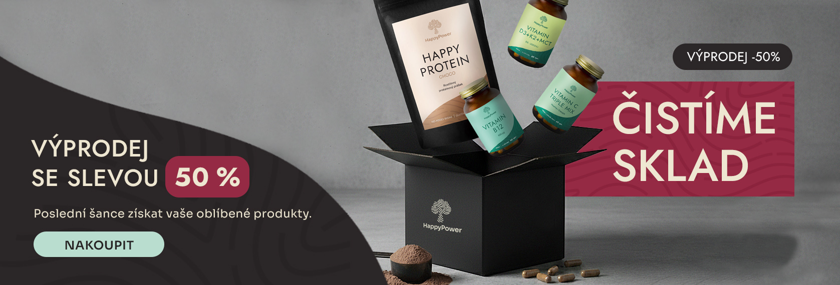 Sleva 50 %, výprodej, akce, čistíme sklad, vitamíny, doplňky stravy, protein