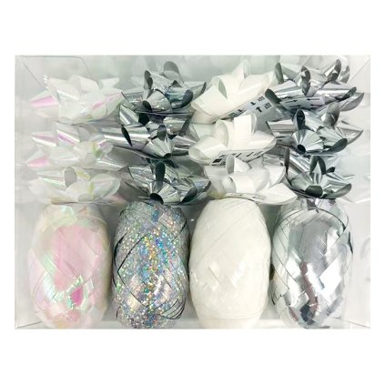 Sada na balení dárků - stuhy + hvězdice - stříbrná, bílá