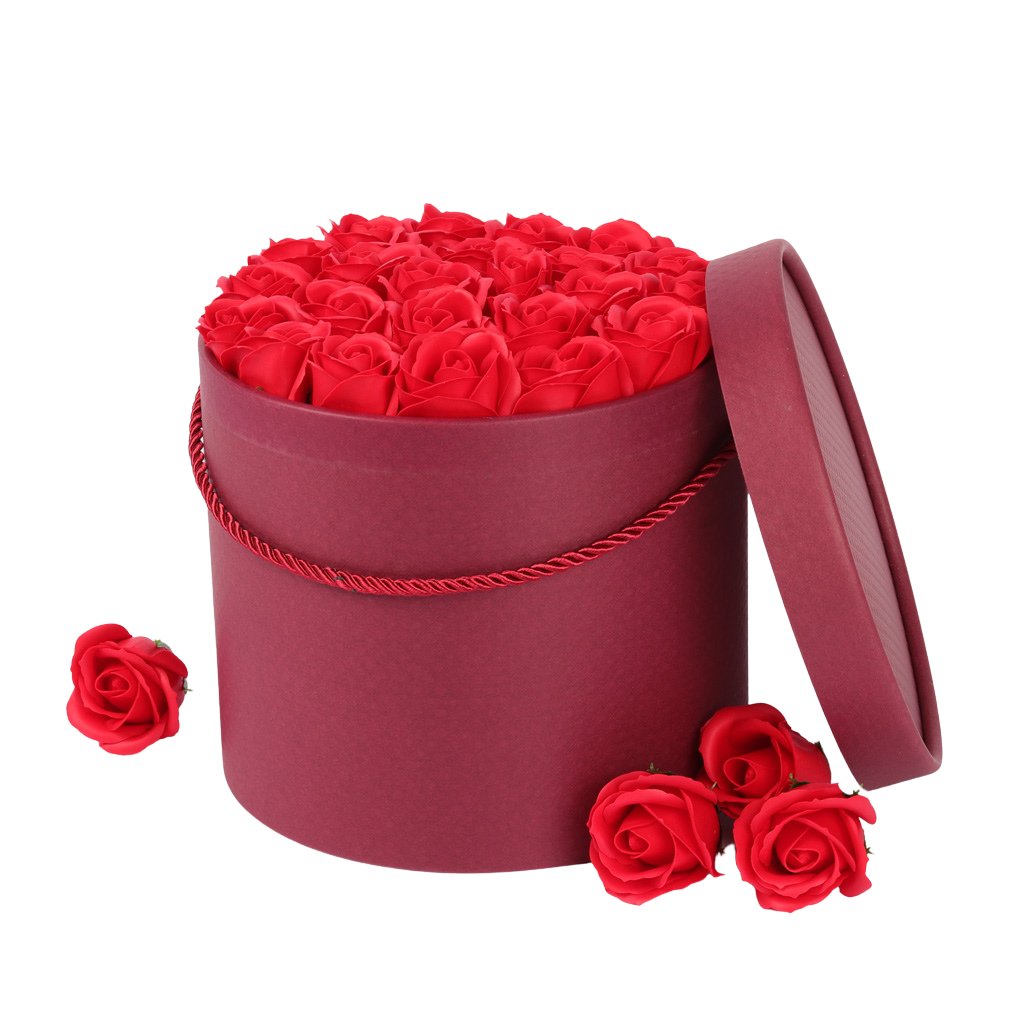 Mýdlové růže v červeném flower boxu - happylu.cz
