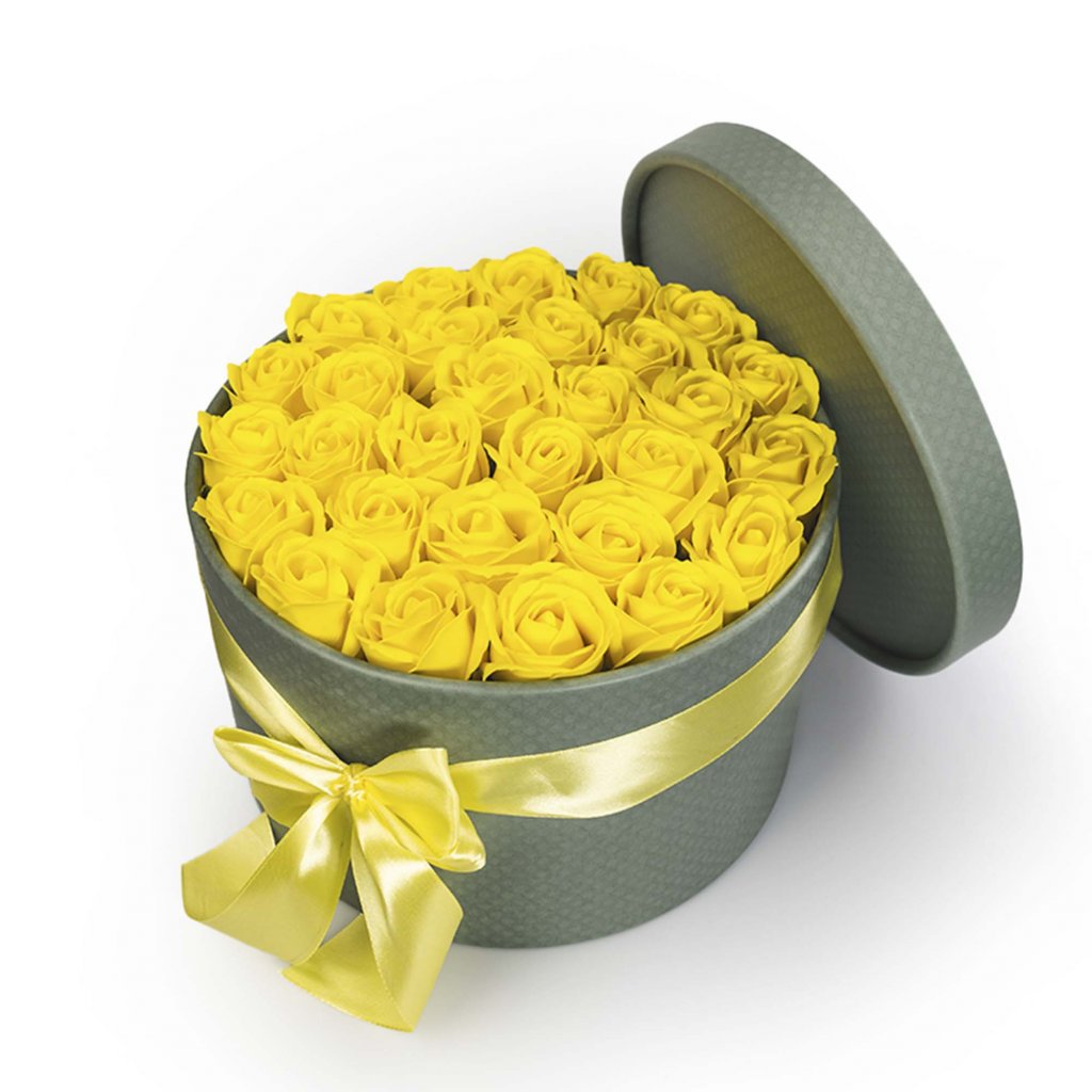 Žluté mýdlové růže v květinovém khaki boxu - 29 růží