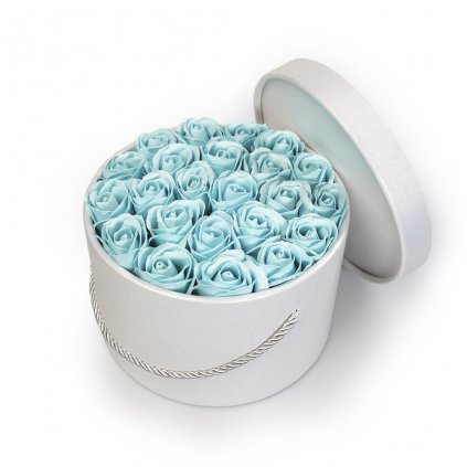 pastelově modré mýdlové růže - 23ks, býlí flower box