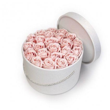 pastelově růžové mýdlové růže - 23ks, býlí flower box