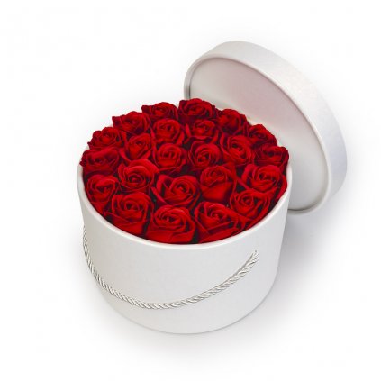 červené mýdlové růže - 23ks, býlí flower box