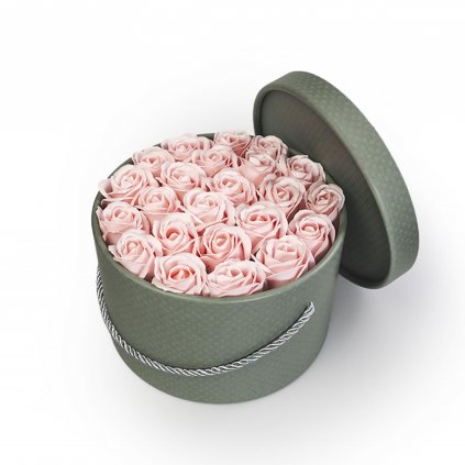 pastelově růžové mýdlové růže - 23ks, khaki flower box