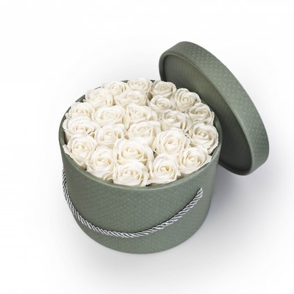 bílé mýdlové růže - 23ks, khaki flower box