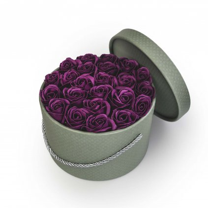 tmavě fialové mýdlové růže - 23ks, khaki flower box