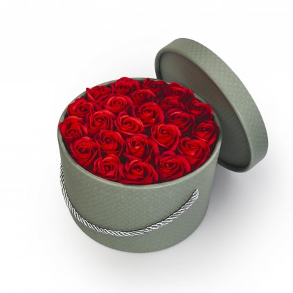 červené mýdlové růže - 23ks, khaki flower box