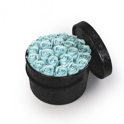 pastelově modré mýdlové růže - 23ks, černý flower box