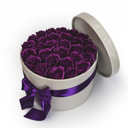 Fialové mýdlové růže v květinovém stříbrném boxu - 29 růží