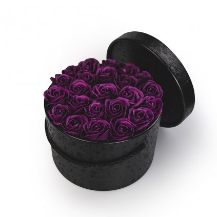 tmavě fialové mýdlové růže - 23ks, černý flower box