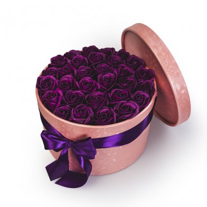Fialové mýdlové růže v růžovém flower boxu - 29 růží