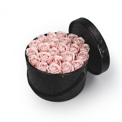 pastelově růžové mýdlové růže - 23ks, černý flower box