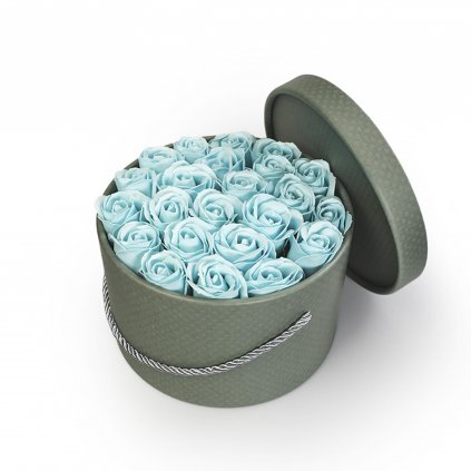 pastelově modré mýdlové růže - 23ks, khaki flower box
